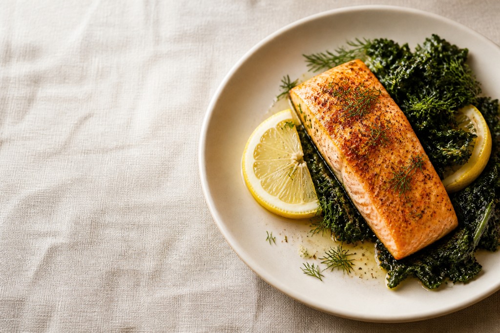 Plated salmon dinner with kale and lemon